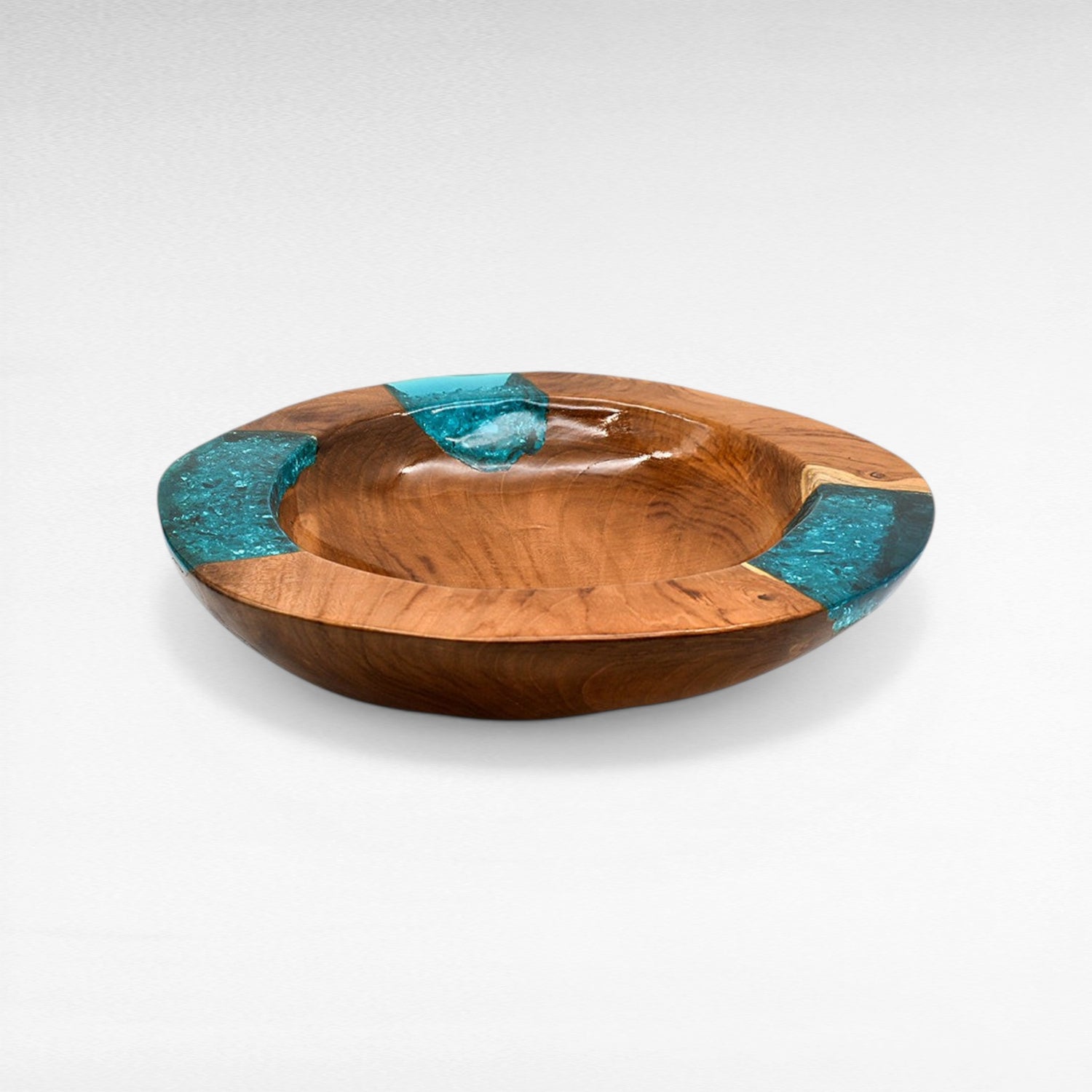 TEAK WOOD & HALF TURQUOISE RESIN CLEAR GLASS BOWL 35 CM