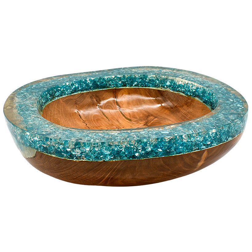 TEAK WOOD & FULL TURQUOISE RESIN CLEAR GLASS BOWL 35 CM