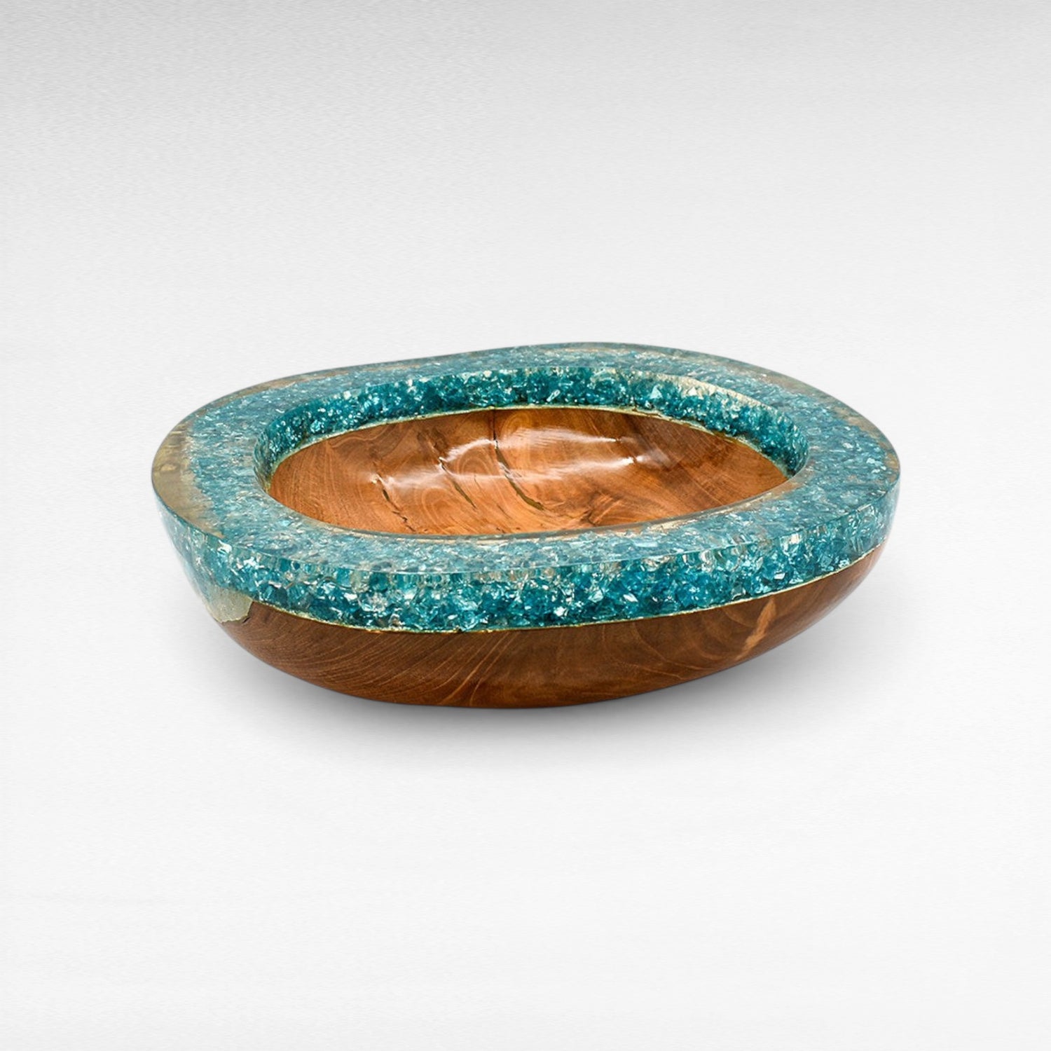 TEAK WOOD & FULL TURQUOISE RESIN CLEAR GLASS BOWL 35 CM