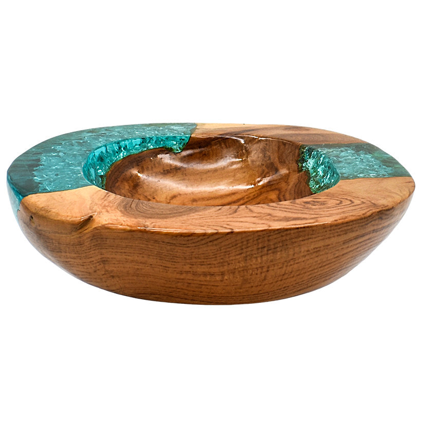 TEAK WOOD & HALF TURQUOISE RESIN BOWL 25 CM