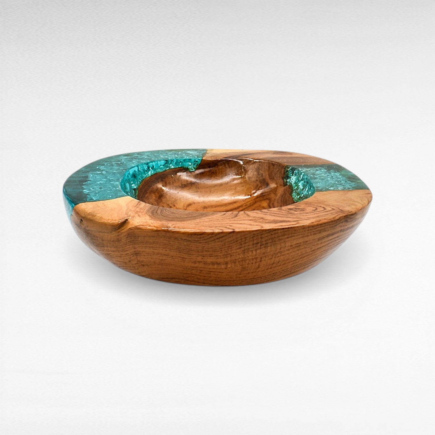 TEAK WOOD & HALF TURQUOISE RESIN BOWL 25 CM