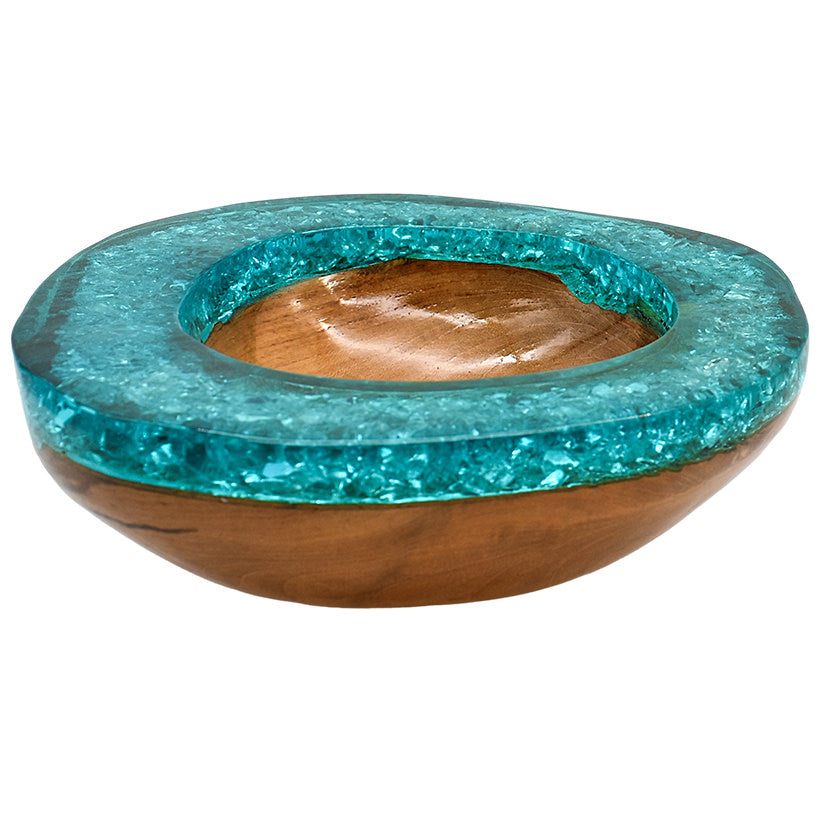 NATURAL  TEAK WOOD & FULL TURQUOISE RESIN BOWL 25CM