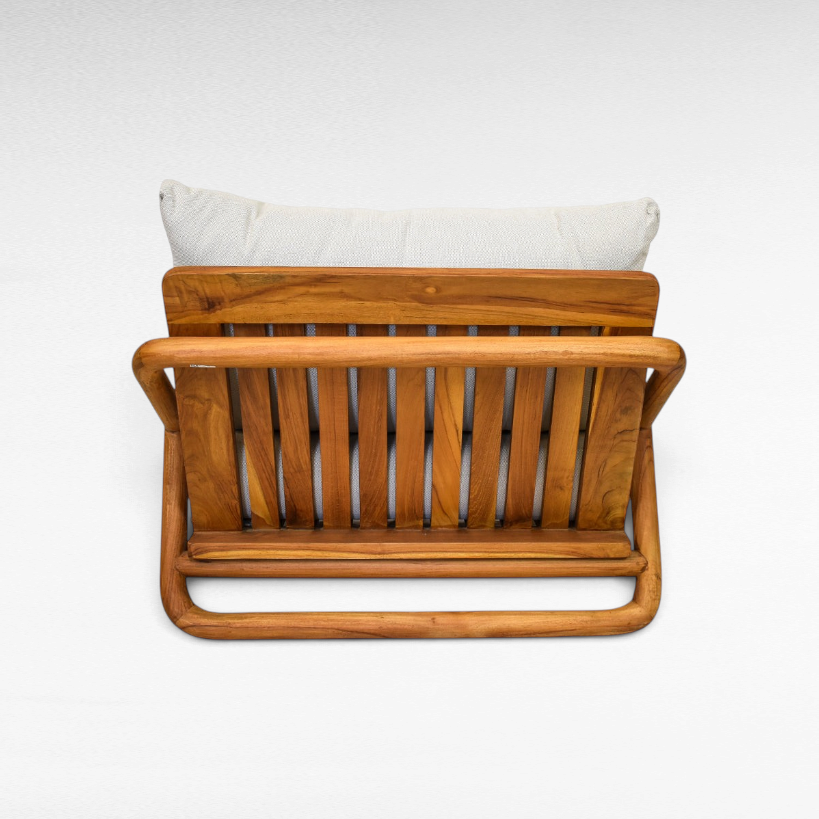 Chora Barefoot Luxury Living teak wood sofa with slatted backrest and light grey cushions, rear view