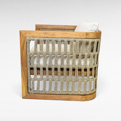 Chora Barefoot Luxury Living teak wood sofa with grey rope woven detailing and plush white seat cushion, side view.