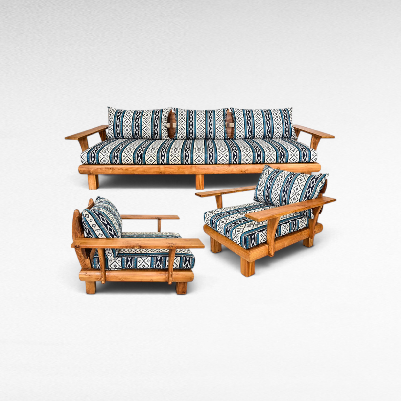Chora Barefoot Luxury Living teak wood sofa set with blue and white patterned cushions on a white background