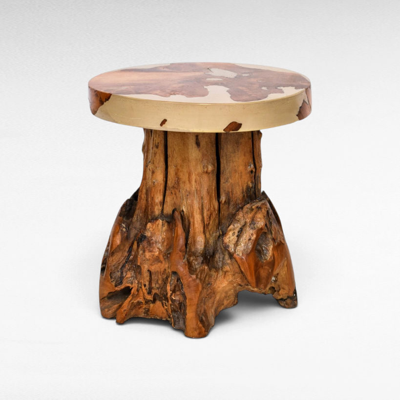 Chora Barefoot Luxury Living teak wood side table with a natural root base and smooth white resin inlay top.