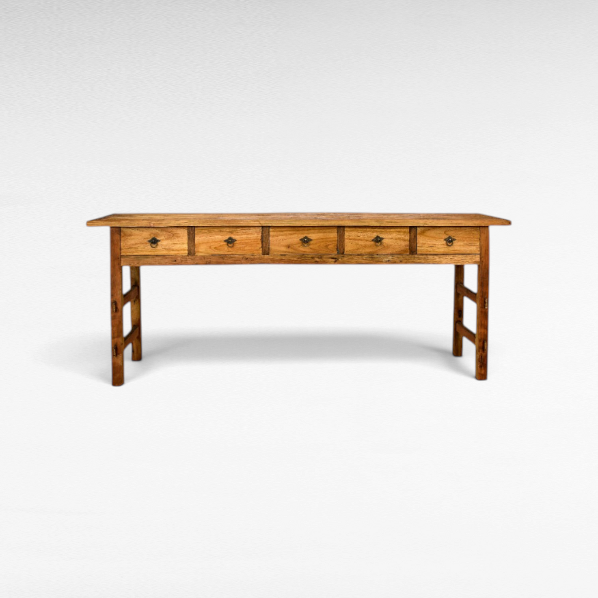 Chora Barefoot Luxury Living rustic teak wood console table with five drawers and antique metal hardware