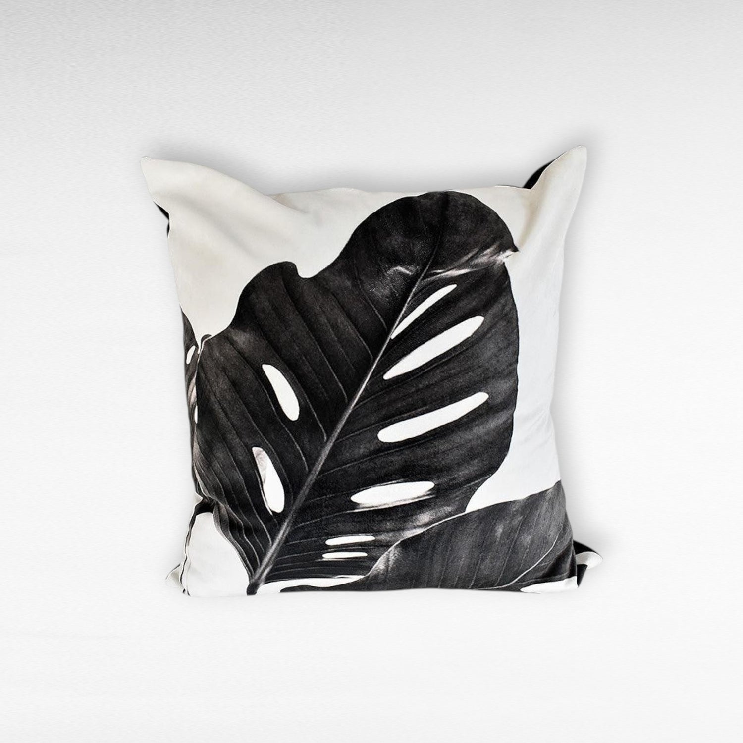 BLACK & WHITE SHAVED VELVET PILLOW WITH BLACK TROPICAL PRINT - Chora Mykonos