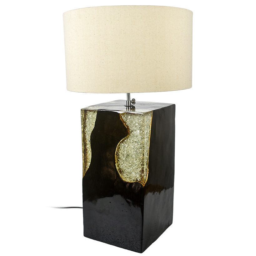 BLACK TEAK SQUARE  TRANSPARENT  RESIN TABLE LAMP