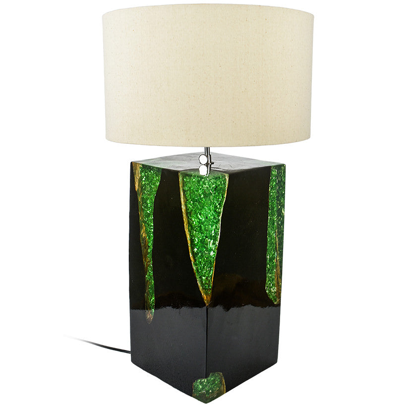 BLACK TEAK SQUARE AND GREEN RESIN TABLE LAMP