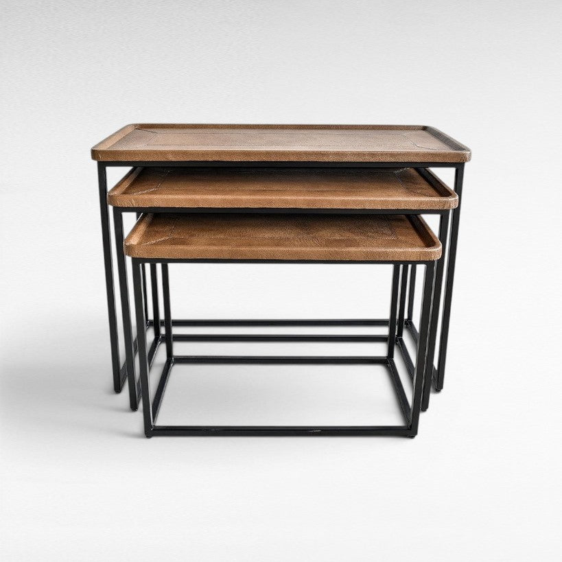NESTING TABLE LEATHER IN BROWN FINISH SET OF 3 - Chora Mykonos