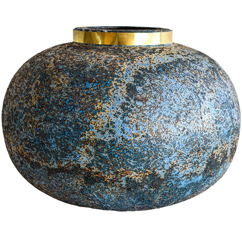 POT WITH GOLD RING AND BLUE RUSTY FINISH 28x28x25cm - Chora Mykonos