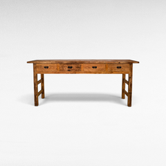 Chora Barefoot Luxury Living rustic reclaimed teak wood console table with four drawers and black metal hardware