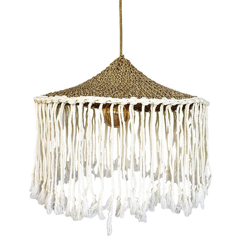 NATURAL ROPE PENDANT LIGHT WITH OFF WHITE FRINGES 70x70x35cm - Chora Mykonos