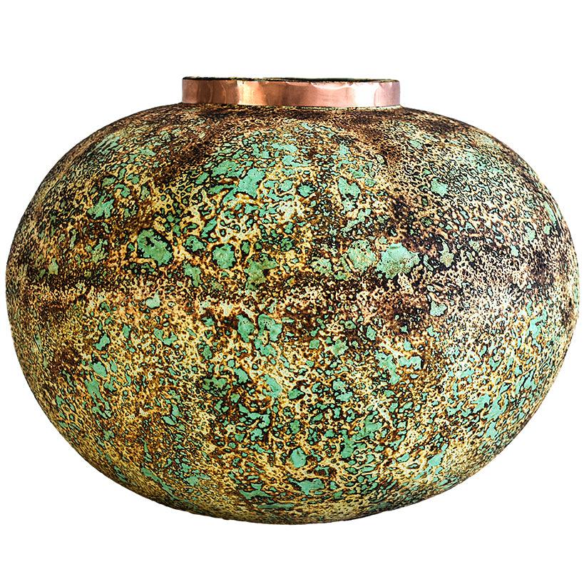POT WITH COPPER RING AND GREEN RUSTY FINISH 39x39x32cm - Chora Mykonos