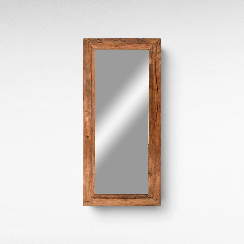 Chora Barefoot Luxury Living large rectangular wall mirror with a rustic reclaimed teak wood frame