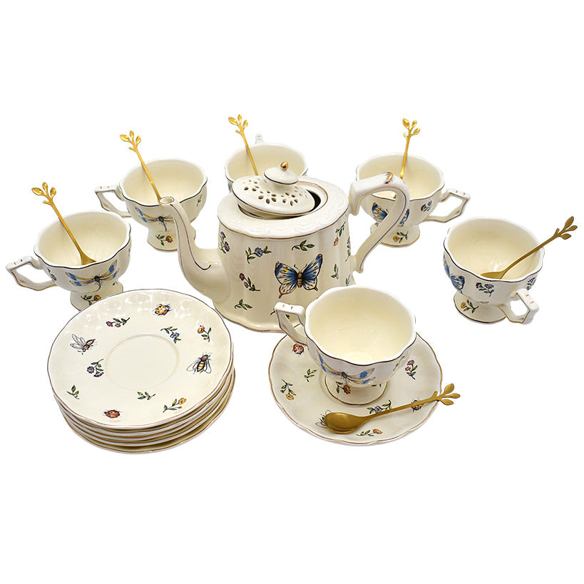 BUTTERFLY PORCELAIN TEA CUPS SET OF 6 WITH  TEA POT