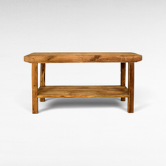 Chora Barefoot Luxury Living natural solid wood console table with a lower shelf and organic grain finish.