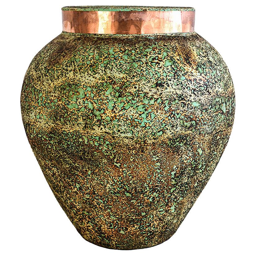 POT WITH COPPER RING AND GREEN RUSTY FINISH 41x41x50cm - Chora Mykonos