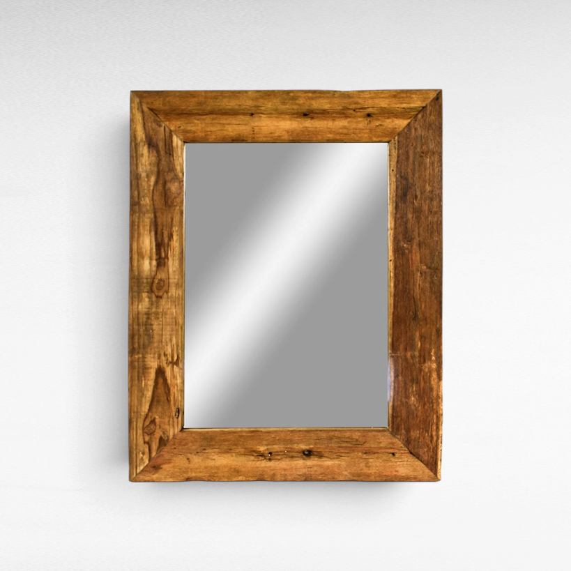 Chora Barefoot Luxury Living rectangular wall mirror with a rustic reclaimed teak wood frame, 90x70 cm.