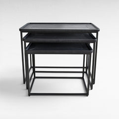 IRON/LEATHER NESTING TABLE SET OF 3 IN BLACK FINISH 82x60x60cm - Chora Mykonos