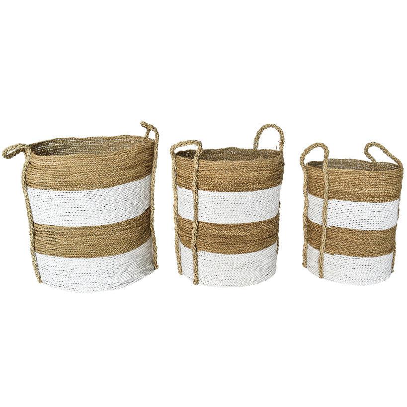 SYNTHETIC RATTAN BASKET SET OF 3 WHITE AND NATURAL - Chora Mykonos