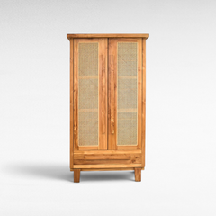 Chora Barefoot Luxury Living Viennesse rattan buffet cabinet with natural wood frame and woven cane door panels.
