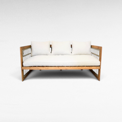 Chora Barefoot Luxury Living teak wood sofa with grey rope accents and plush white cushions for outdoor living