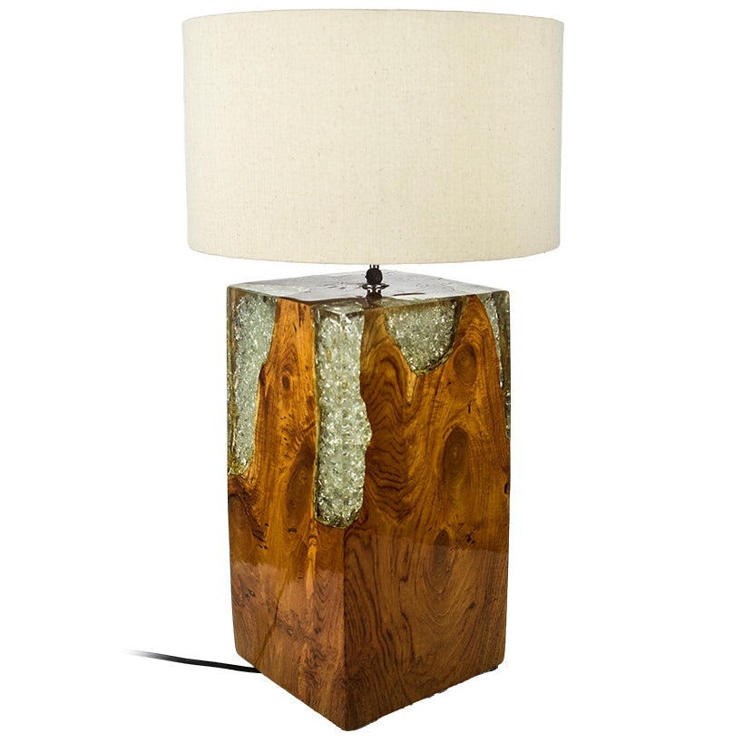 NATURAL TEAK SQUARE  TRANSPARENT  RESIN TABLE LAMP