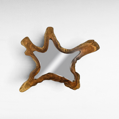 Chora Barefoot Luxury Living teak wood mirror with a unique organic star-shaped natural wood frame
