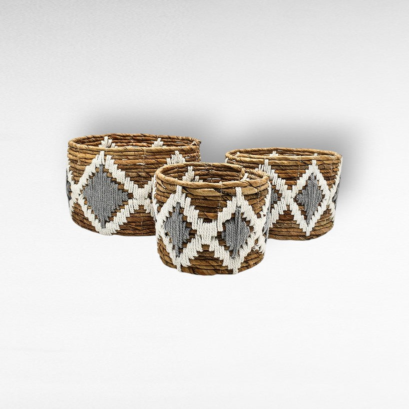 BANANA LEAF & MACRAME SET OF 3 - NATURAL GREY WHITE