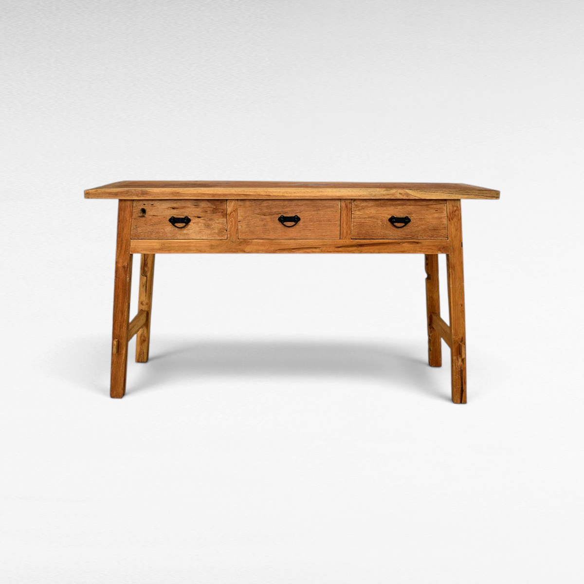 Chora Barefoot Luxury Living rustic teak wood console table with three drawers and black metal hardware