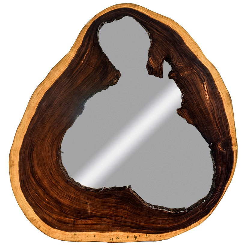 Chora Barefoot Luxury Living teak wood mirror with a natural, unsymmetrical live edge frame on a white background