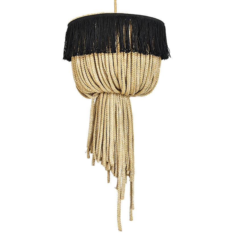 PENDANT LIGHT NATURAL ROPE WITH BLACK FRINGES SMALL 40x40x60cm - Chora Mykonos