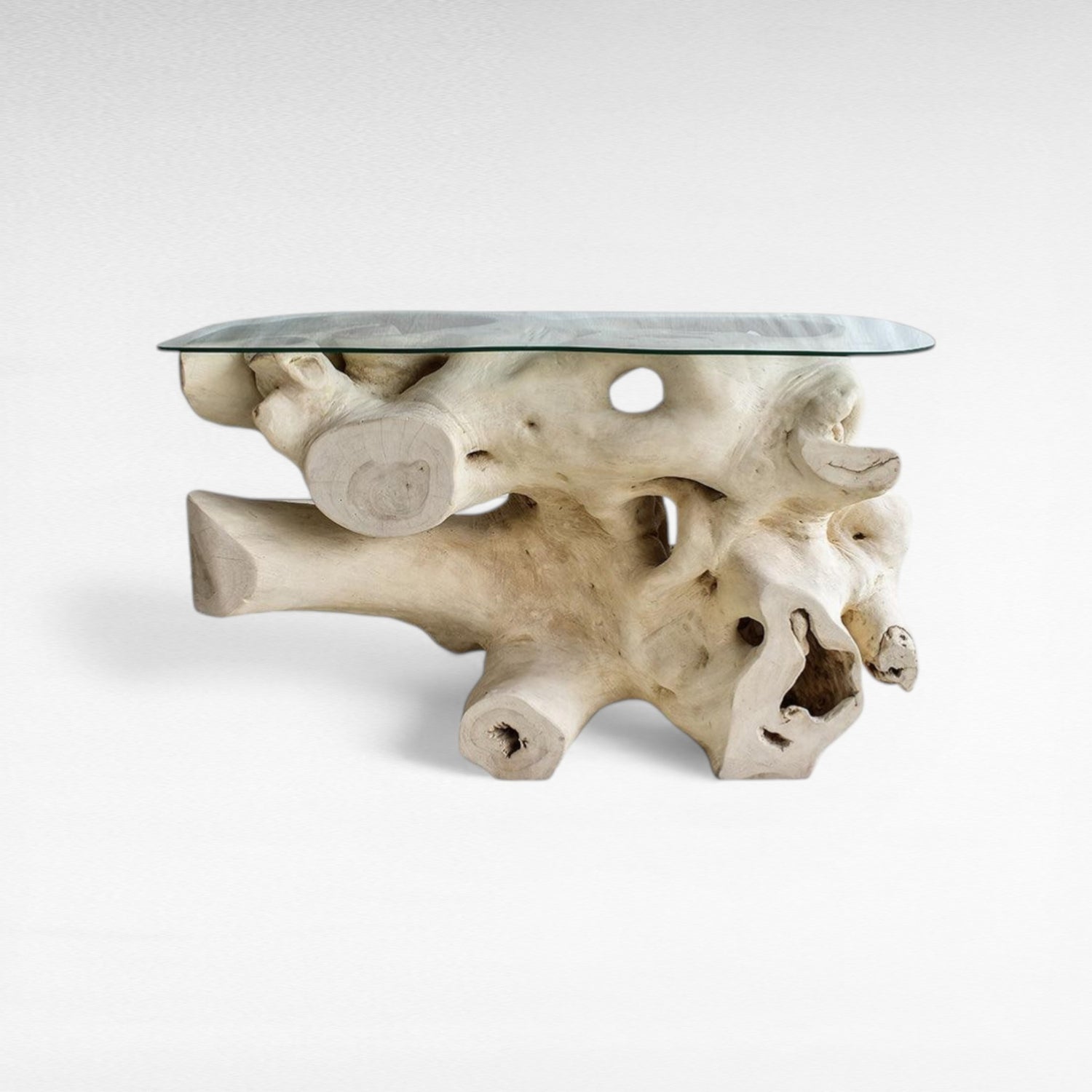 BLEACHED CARVED SUAR CONSOLE TABLE W/ GLASS 135x55x80cm - Chora Mykonos