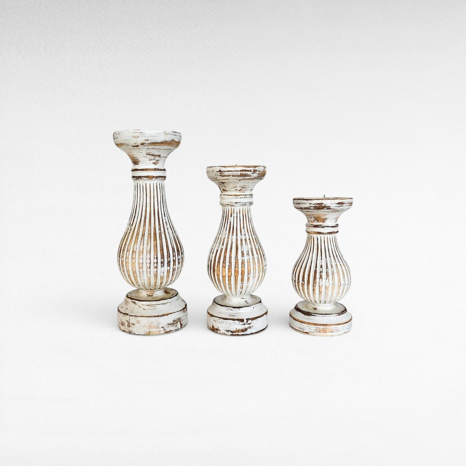 CANDLE HOLDER WHITEWASHED SET OF 3 - Chora Barefoot Luxury Living