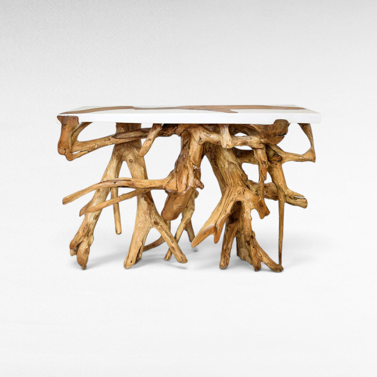 Χειροποίητη κονσόλα Chora Barefoot Luxury Living από ξύλο teak με λευκή ρητίνη και φυσική βάση από ρίζες δέντρου.