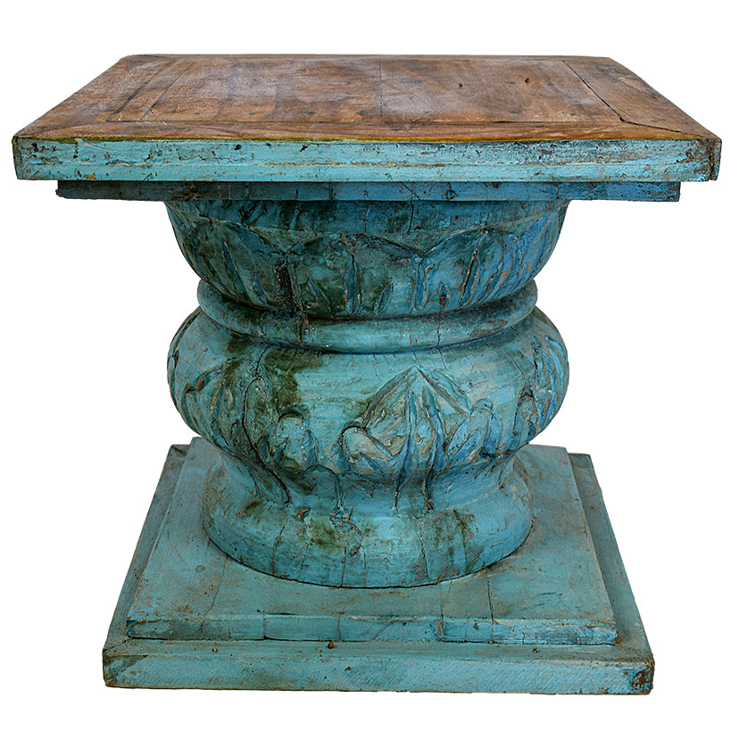 TEAK WOOD BASE TABLE 45X45X42 ANTIQUE BLUE