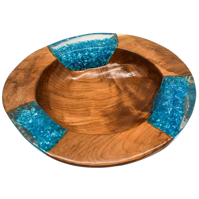 TEAK HALF  CLEAR RESIN BLUE GLASS BOWL 35CM