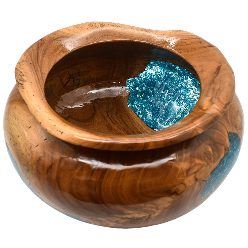 TEAK WOOD CLEAR RESIN HALF BLUE GLASS BOWL 35 CM