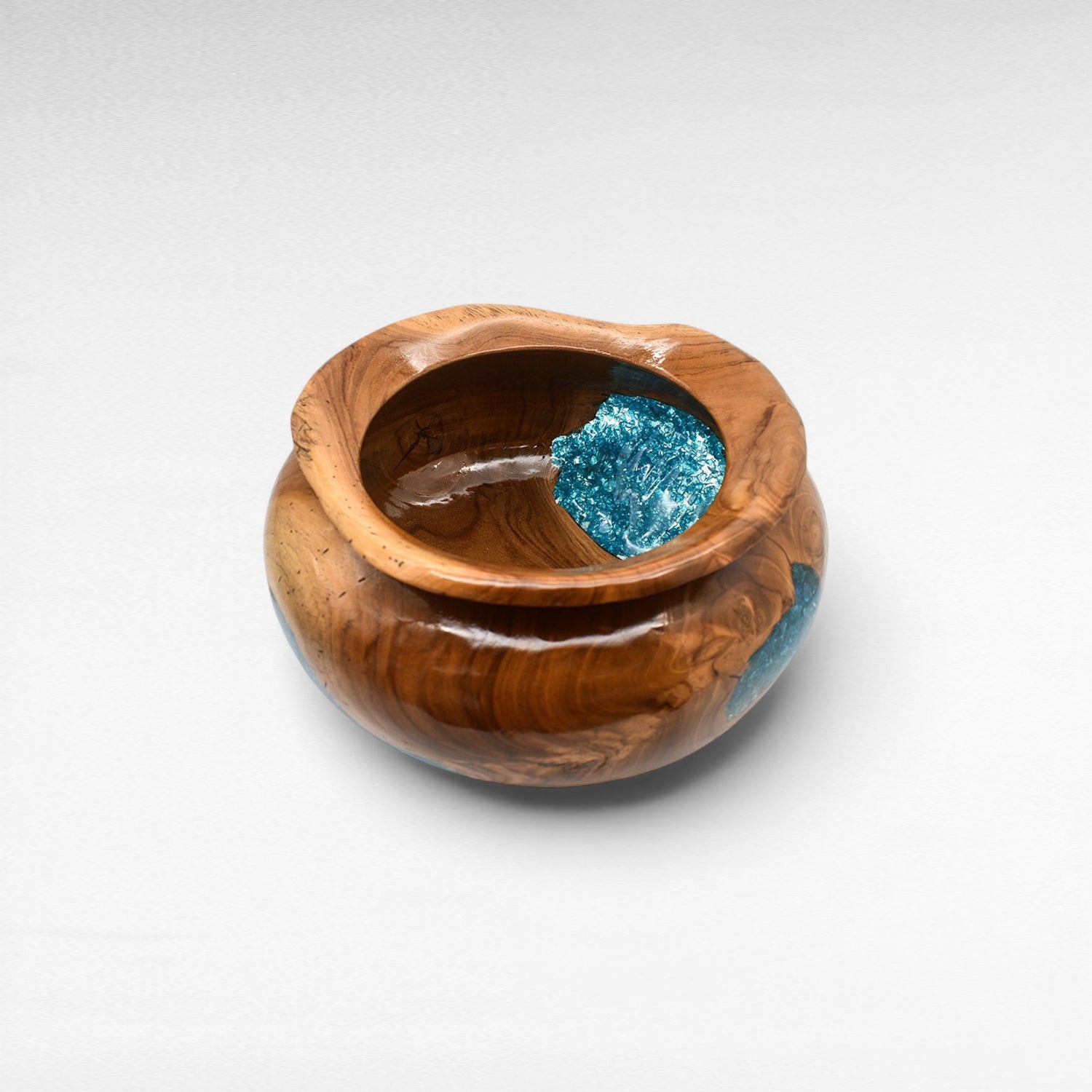 TEAK WOOD CLEAR RESIN HALF BLUE GLASS BOWL 35 CM
