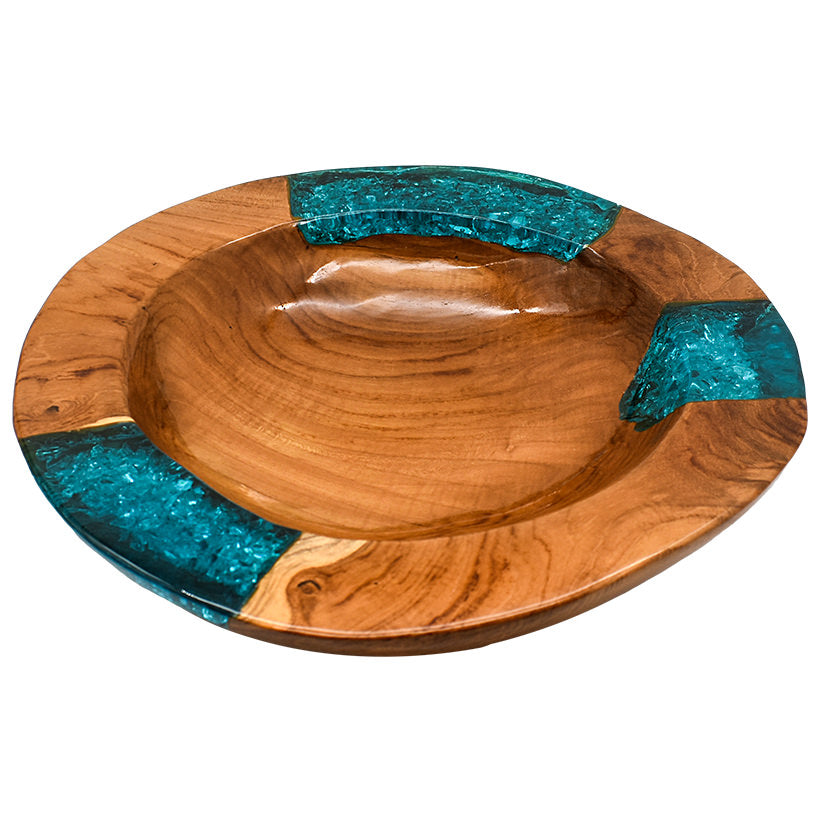 TEAK WOOD & HALF TURQUOISE RESIN CLEAR GLASS BOWL 35 CM