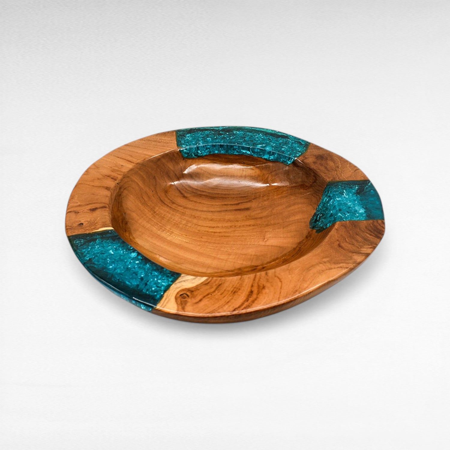 TEAK WOOD & HALF TURQUOISE RESIN CLEAR GLASS BOWL 35 CM