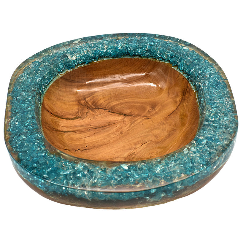 TEAK WOOD & FULL TURQUOISE RESIN CLEAR GLASS BOWL 35 CM