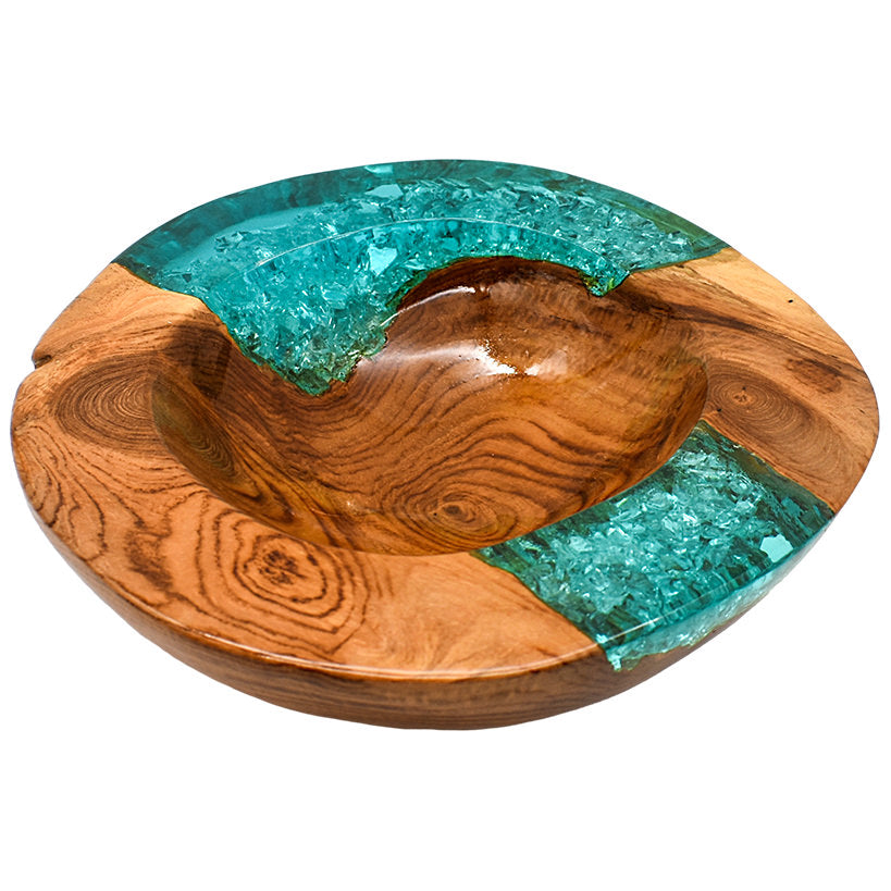 TEAK WOOD & HALF TURQUOISE RESIN BOWL 25 CM