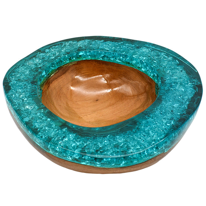 NATURAL  TEAK WOOD & FULL TURQUOISE RESIN BOWL 25CM