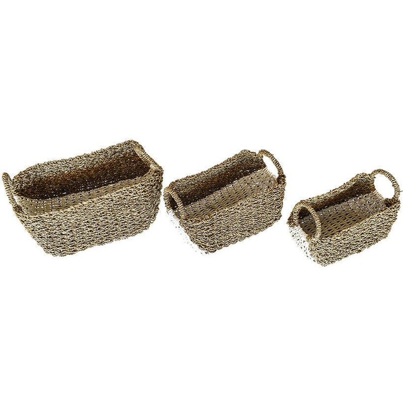 SYNTHETIC RATTAN RECTANGLE BASKET WITH WHITE DETAILS SET OF 3
