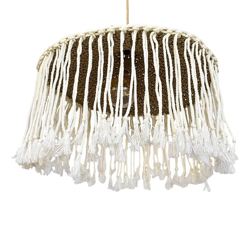 NATURAL ROPE PENDANT LIGHT WITH OFF WHITE FRINGES 70x70x35cm - Chora Mykonos