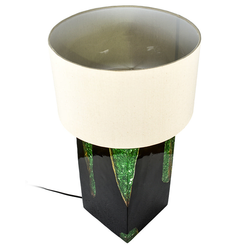 BLACK TEAK SQUARE AND GREEN RESIN TABLE LAMP