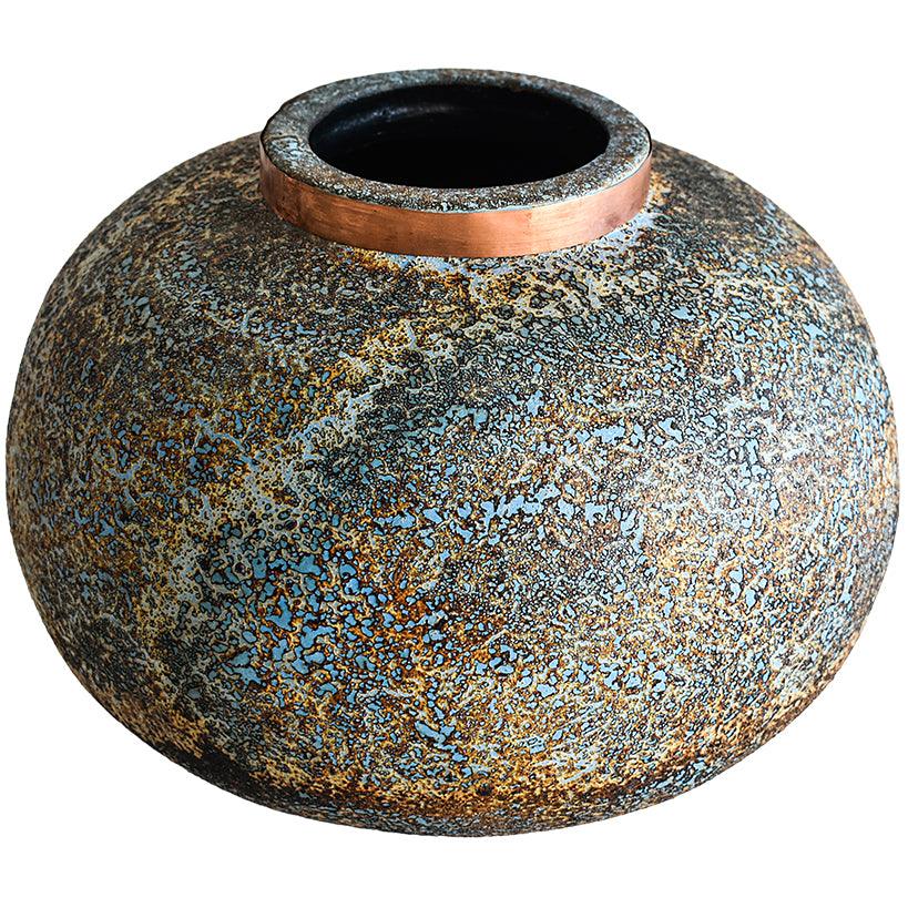 POT WITH COOPER RING AND BLUE RUSTY FINISH - Chora Mykonos